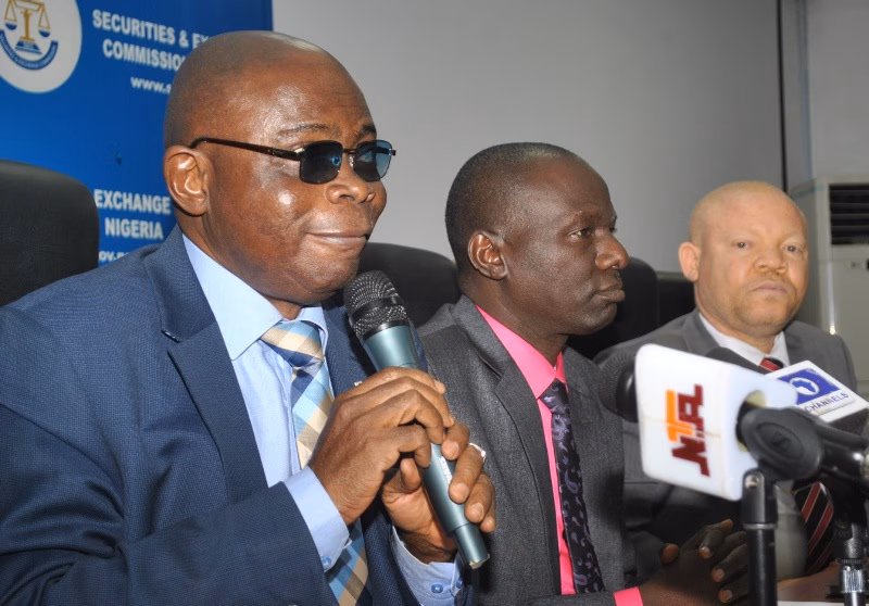 LEFT TO RIGHT : Acting Director General, Securities and Exchange Commission Dr. Abdul Zubair , Coordinating Director Corporate Services SEC Mr. Isiaku Tilde and Coordinating Director Legal and Enforcement SEC Reginald Karawusa during a Press Briefing